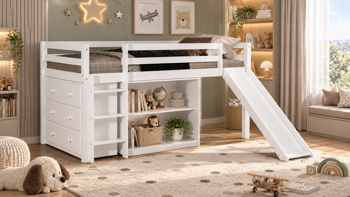 Litera Loft Alan Individual con Resbaladilla, Librero y Comoda